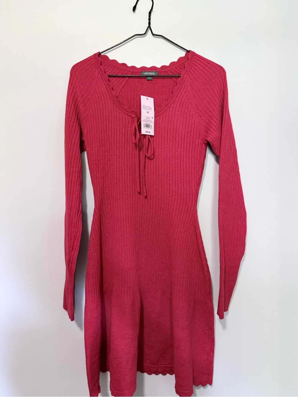NWT wild fable Ribbed Long Sleeve Scoop-Tie Dress - Raspberry